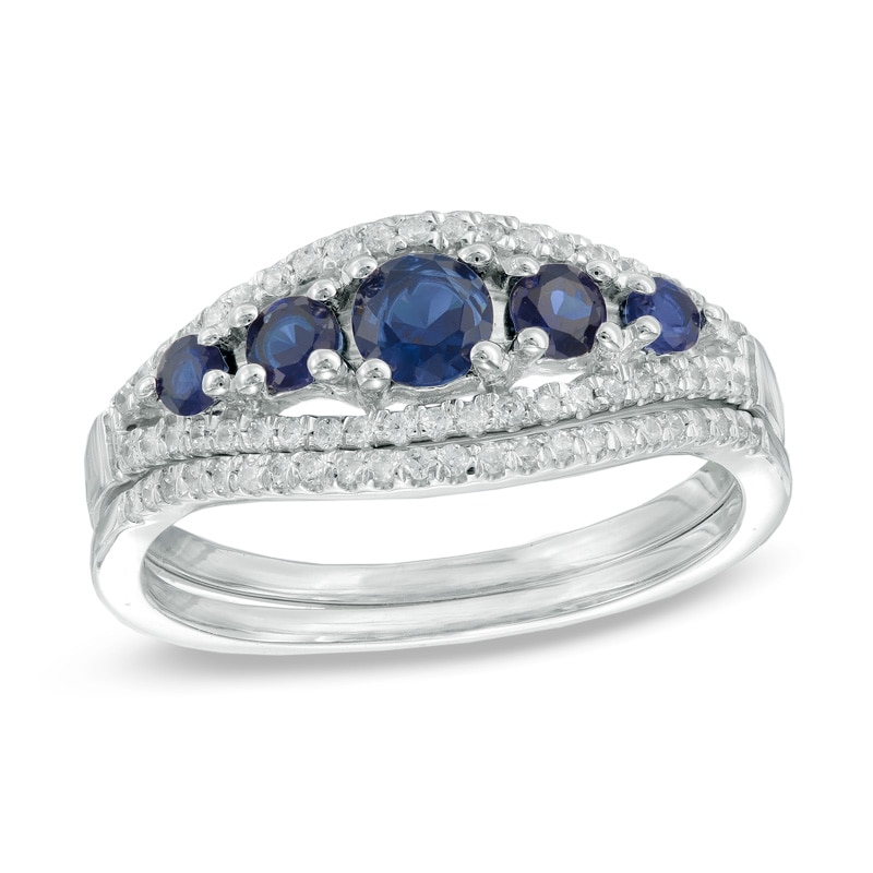 Main Image 1 of Lab-Created Blue Sapphire and 1/4 CT. T.W. Diamond Five Stone Bridal Set in 10K White Gold