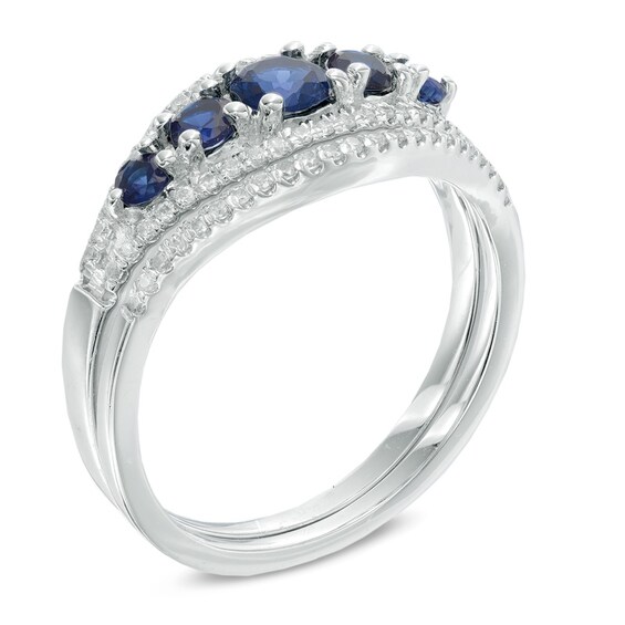 Lab-Created Blue Sapphire and 1/4 CT. T.w. Diamond Five Stone Bridal Set in 10K White Gold