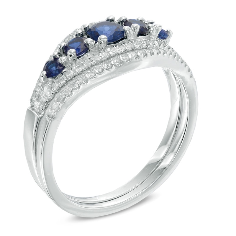 Main Image 2 of Lab-Created Blue Sapphire and 1/4 CT. T.W. Diamond Five Stone Bridal Set in 10K White Gold