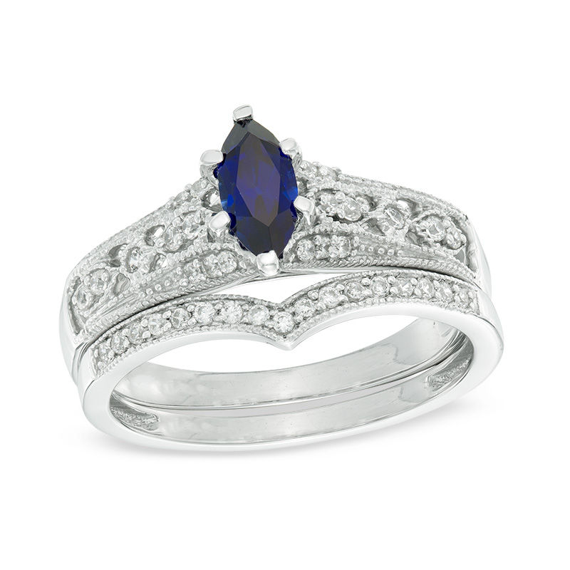 Marquise Lab-Created Blue Sapphire and 1/5 CT. T.W. Diamond Vintage-Style Bridal Set in 10K White Gold