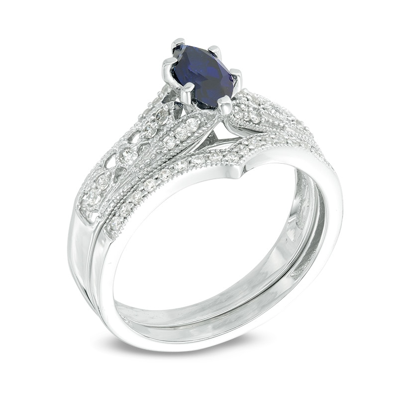 Marquise Lab-Created Blue Sapphire and 1/5 CT. T.W. Diamond Vintage-Style Bridal Set in 10K White Gold