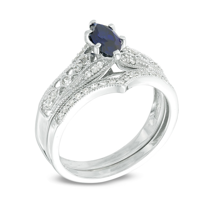 Main Image 2 of Marquise Lab-Created Blue Sapphire and 1/5 CT. T.W. Diamond Vintage-Style Bridal Set in 10K White Gold