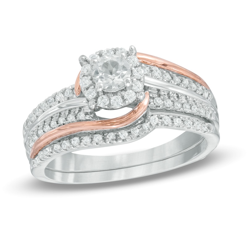 Main Image 1 of Lab-Created White Sapphire and 1/5 CT. T.W. Diamond Frame Swirl Bridal Set in Sterling Silver and 10K Rose Gold