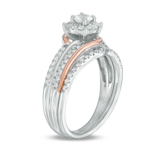 Lab-Created White Sapphire and 1/5 CT. T.w. Diamond Frame Swirl Bridal Set in Sterling Silver and 10K Rose Gold