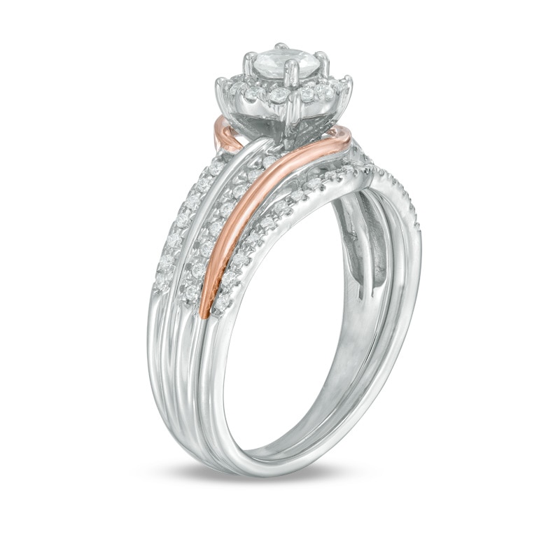 Main Image 2 of Lab-Created White Sapphire and 1/5 CT. T.W. Diamond Frame Swirl Bridal Set in Sterling Silver and 10K Rose Gold