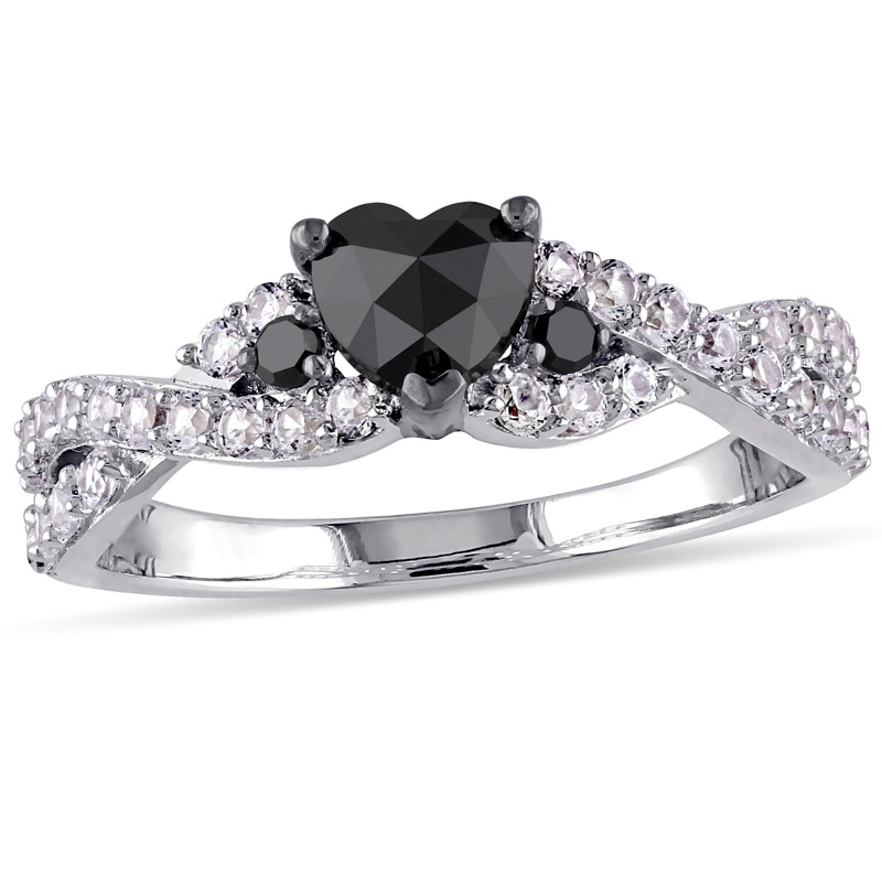 Main Image 1 of 1/2 CT. T.W. Enhanced Black Heart-Shaped Diamond and Lab-Created White Sapphire Twist Ring in Sterling Silver