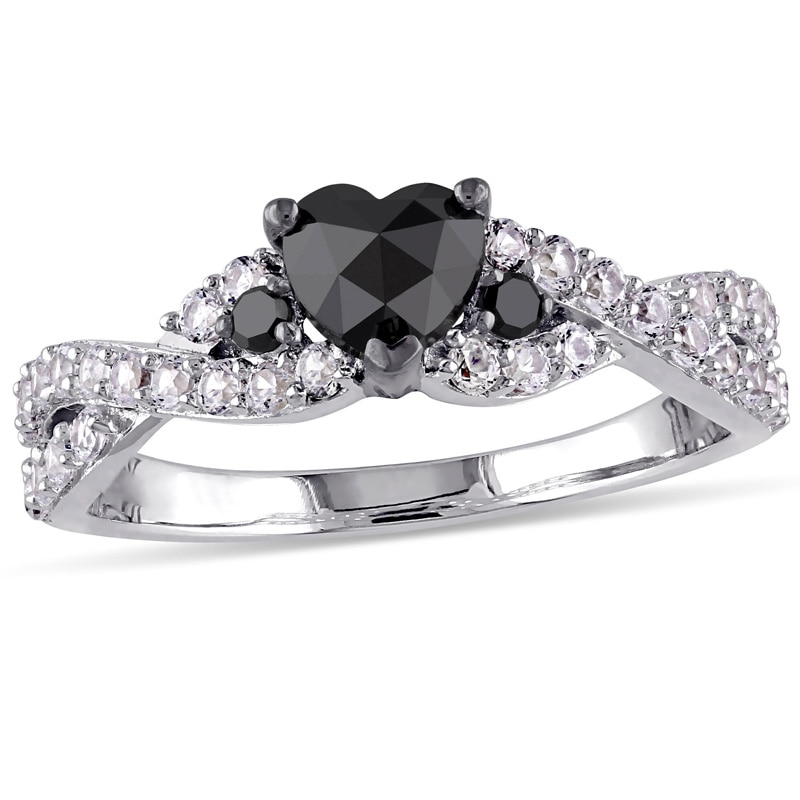 1/2 CT. T.W. Enhanced Black Heart-Shaped Diamond and Lab-Created White Sapphire Twist Ring in Sterling Silver