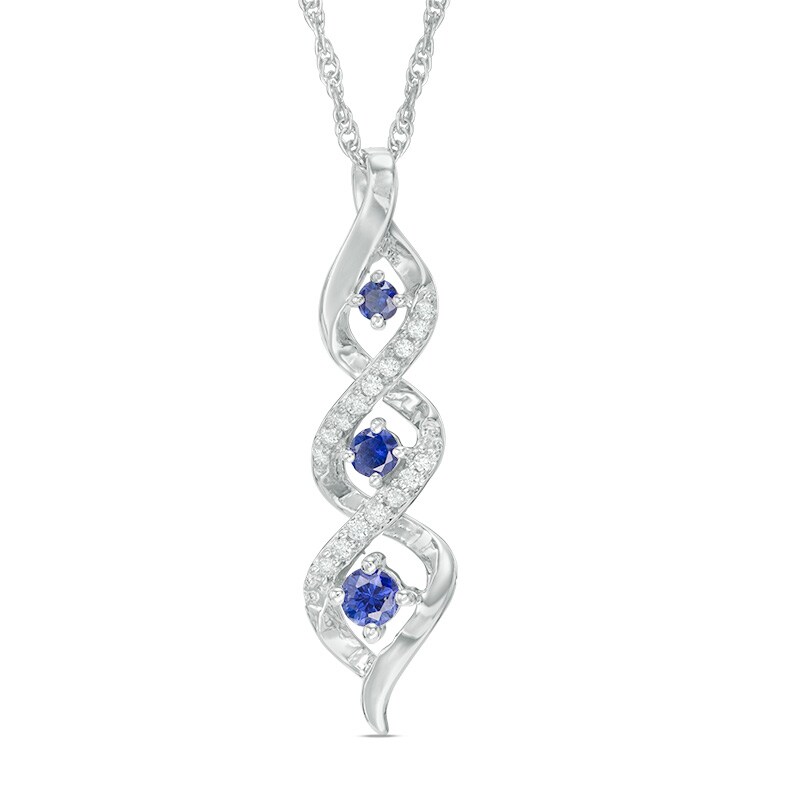 Main Image 1 of Lab-Created Blue Sapphire and Diamond Accent Cascading Three Stone Pendant in 10K White Gold