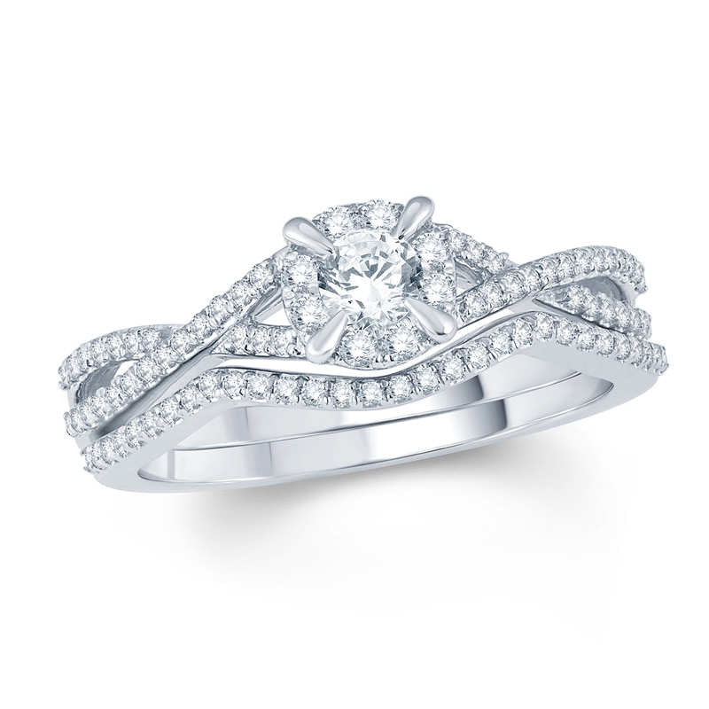 Main Image 1 of 1/2 CT. T.W. Diamond Frame Twist Bridal Set in 14K White Gold