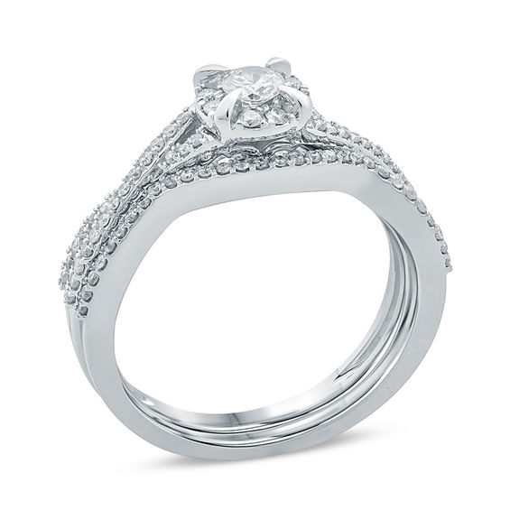 1/2 CT. T.w. Diamond Frame Twist Bridal Set in 14K White Gold