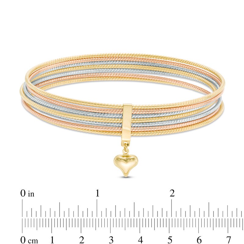 Multi-Row Slip-On Bangle with Heart Charm in 14K Tri-Tone Gold - 7.5"