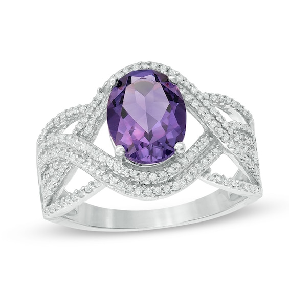 Oval Amethyst and 1/3 CT. T.w. Diamond Double Row Twist Ring in 10K White Gold