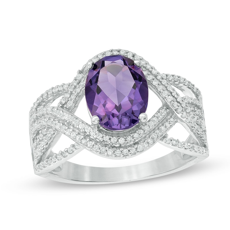 Oval Amethyst and 1/3 CT. T.W. Diamond Double Row Twist Ring in 10K White Gold