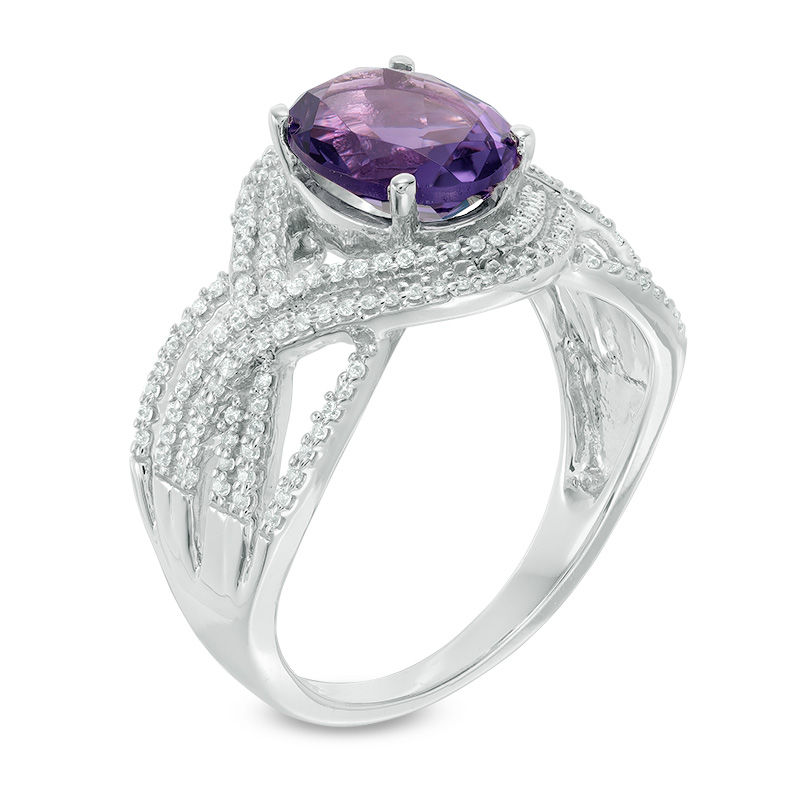 Oval Amethyst and 1/3 CT. T.W. Diamond Double Row Twist Ring in 10K White Gold