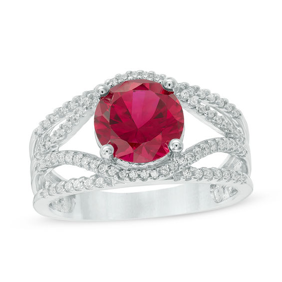 8.0mm Lab-Created Ruby and 1/4 CT. T.W. Diamond Split Shank Ring in 10K ...
