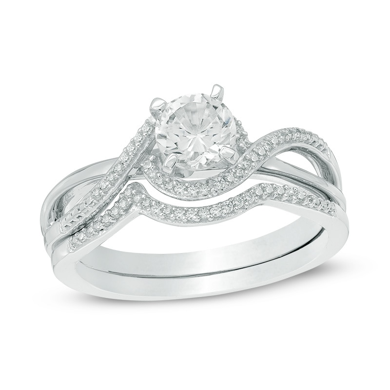 Main Image 1 of 5.5mm Lab-Created White Sapphire and 1/10 CT. T.W. Diamond Swirl Frame Bridal Set in Sterling Silver