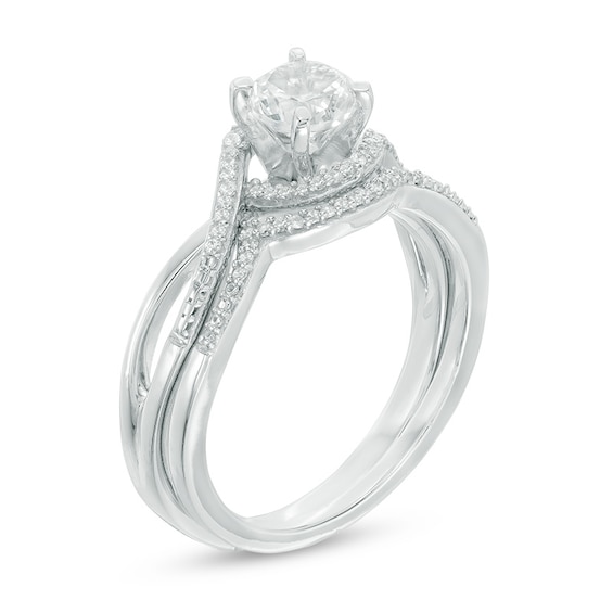 5.5mm Lab-Created White Sapphire and 1/10 CT. T.w. Diamond Swirl Frame Bridal Set in Sterling Silver