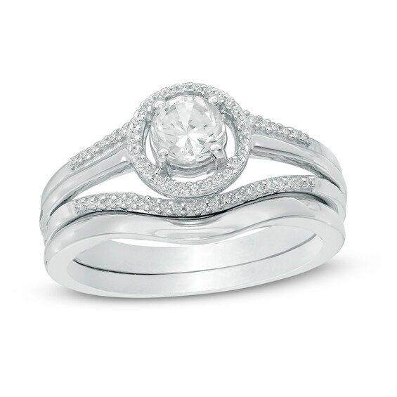 5.0mm Lab-Created White Sapphire and 1/10 CT. T.W. Diamond Frame Split Shank Bridal Set in Sterling Silver 5.0mm Lab-Created White Sapphire and 1/10 CT. T.W. Diamond Frame Split Shank Bridal Set in Sterling Silver