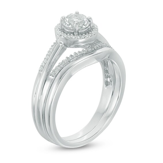 5.0mm Lab-Created White Sapphire and 1/10 CT. T.W. Diamond Frame Split Shank Bridal Set in Sterling Silver 5.0mm Lab-Created White Sapphire and 1/10 CT. T.W. Diamond Frame Split Shank Bridal Set in Sterling Silver
