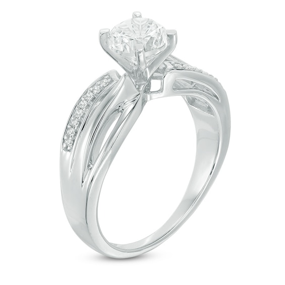 6.0mm Lab-Created White Sapphire and 1/10 CT. T.w. Diamond Slant Bridal Set in Sterling Silver