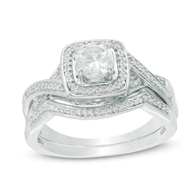 5.0mm Lab-Created White Sapphire and Diamond Accent Frame Twist Bridal Set in Sterling Silver