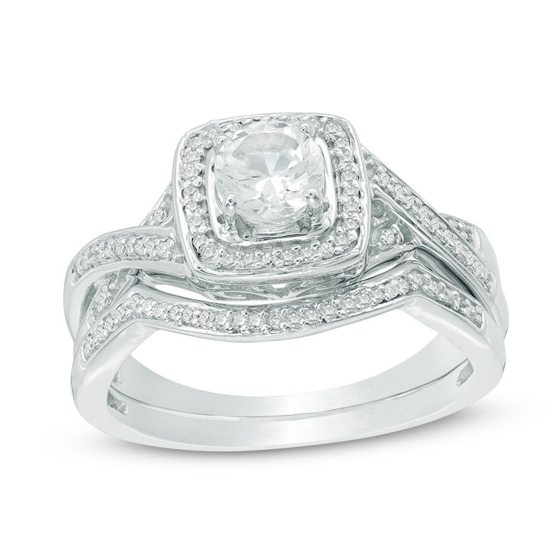 Main Image 1 of 5.0mm Lab-Created White Sapphire and Diamond Accent Frame Twist Bridal Set in Sterling Silver
