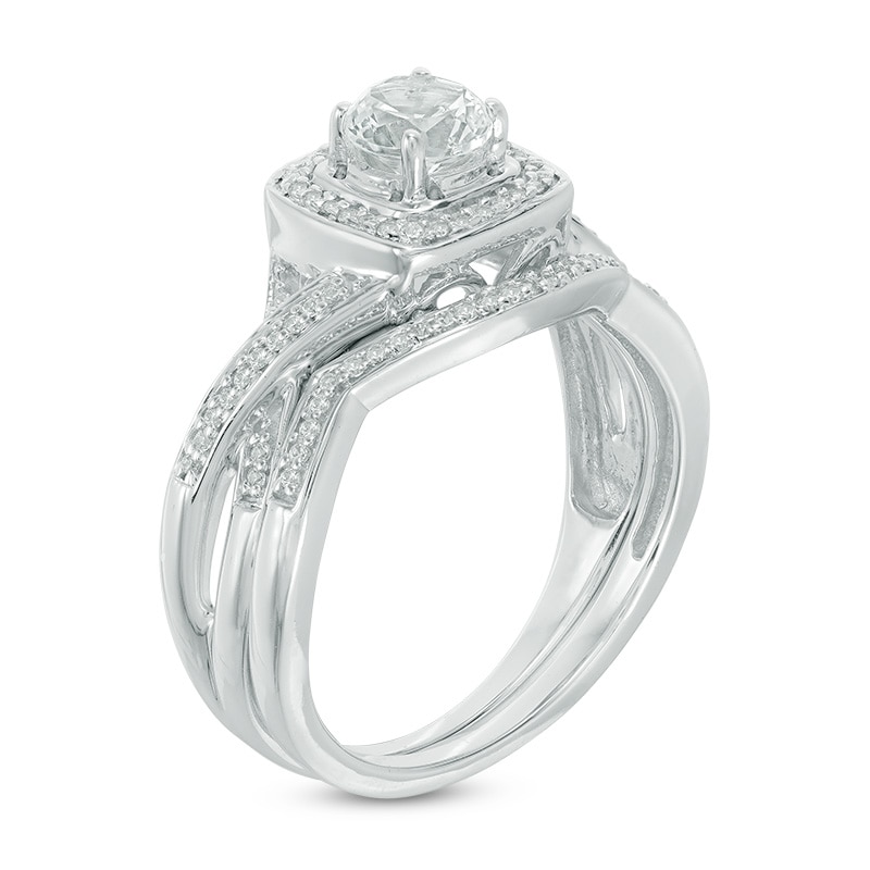 5.0mm Lab-Created White Sapphire and Diamond Accent Frame Twist Bridal Set in Sterling Silver