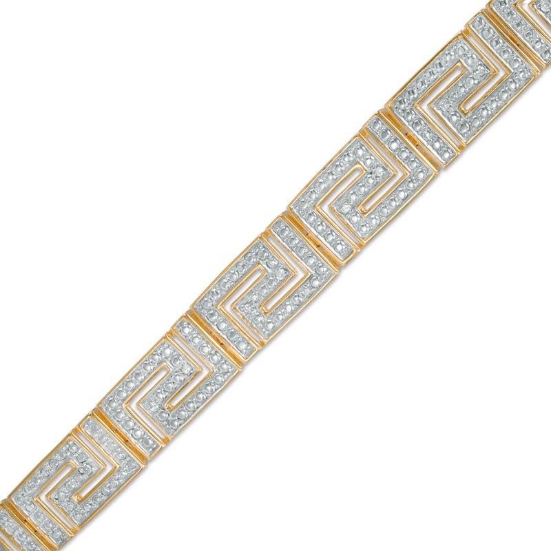Main Image 1 of 1/10 CT. T.W. Diamond Greek Key Bracelet in Sterling Silver and 18K Gold Plate - 7.25"
