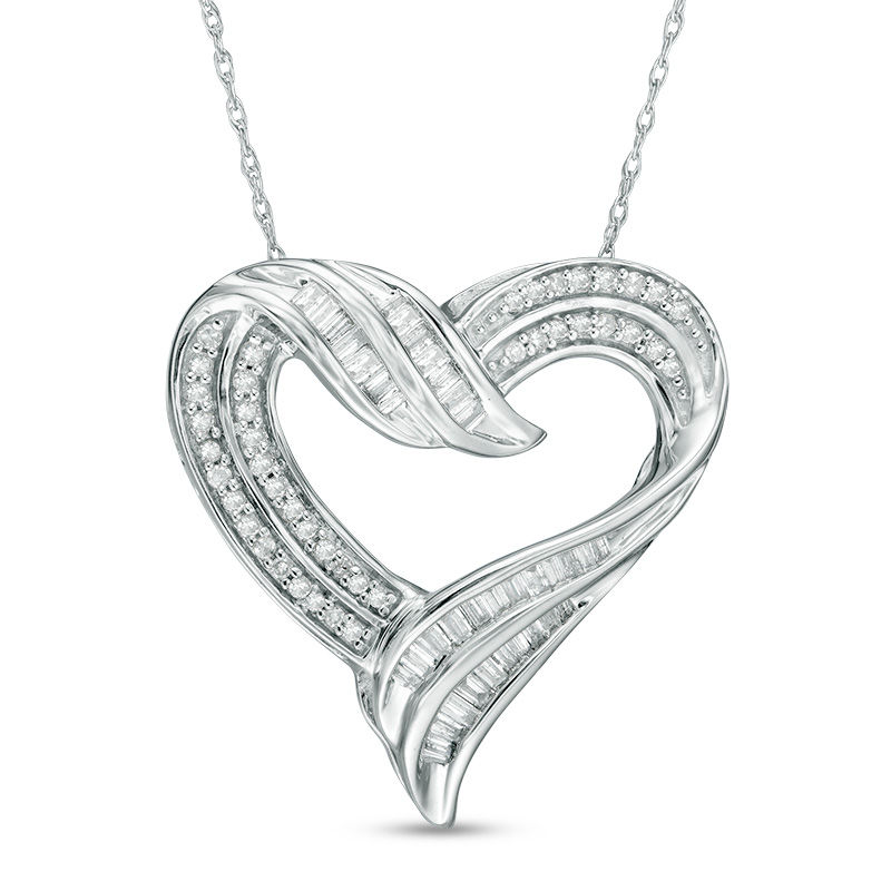 1 2 Ct T W Baguette And Round Diamond Double Row Heart Pendant In T W Baguette And Round Diamond Double Row Heart Pendant In 10k White Gold