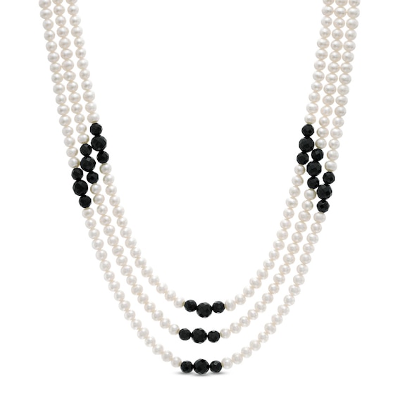 5.0 - 5.5mm Cultured Freshwater Pearl and Onyx Three Strand Necklace with Sterling Silver Clasp - 19.5"
