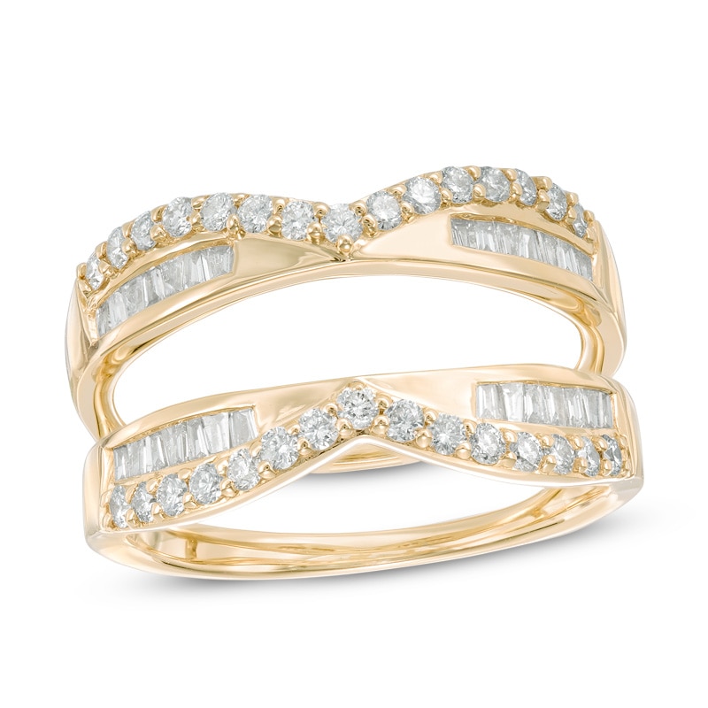 3/4 CT. T.W. Baguette and Round Diamond Chevron Solitaire Enhancer in 14K Gold