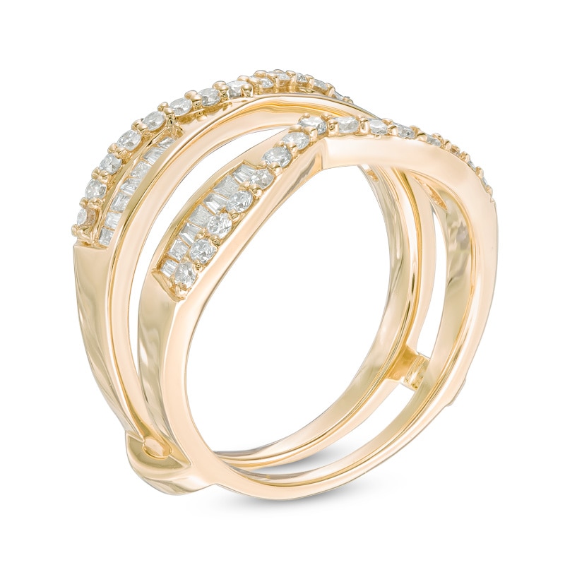 3/4 CT. T.W. Baguette and Round Diamond Chevron Solitaire Enhancer in 14K Gold
