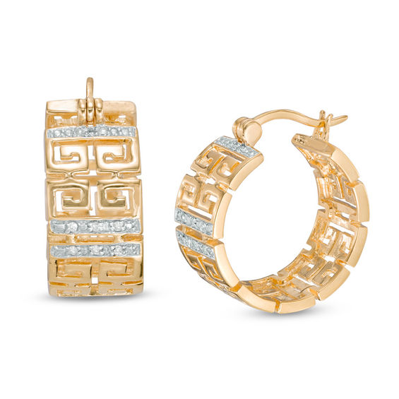 1 10 Ct T W Diamond Greek Key Hoop Earrings In Sterling Silver And T W Diamond Greek Key Hoop Earrings In Sterling Silver And 18k