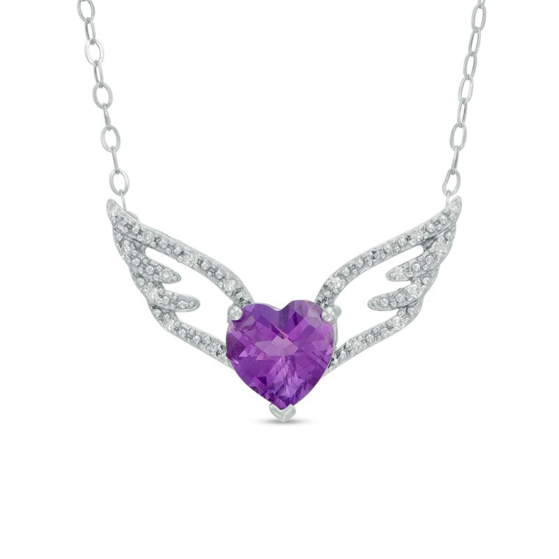 Main Image 1 of 7.0mm Heart-Shaped Amethyst and Diamond Accent Wings Necklace in Sterling Silver - 16.5"