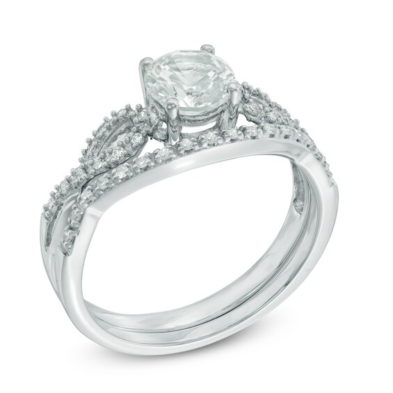 6.0mm Lab-Created White Sapphire and 1/6 CT. T.W. Diamond Twist Bridal Set in 10K White Gold 6.0mm Lab-Created White Sapphire and 1/6 CT. T.W. Diamond Twist Bridal Set in 10K White Gold