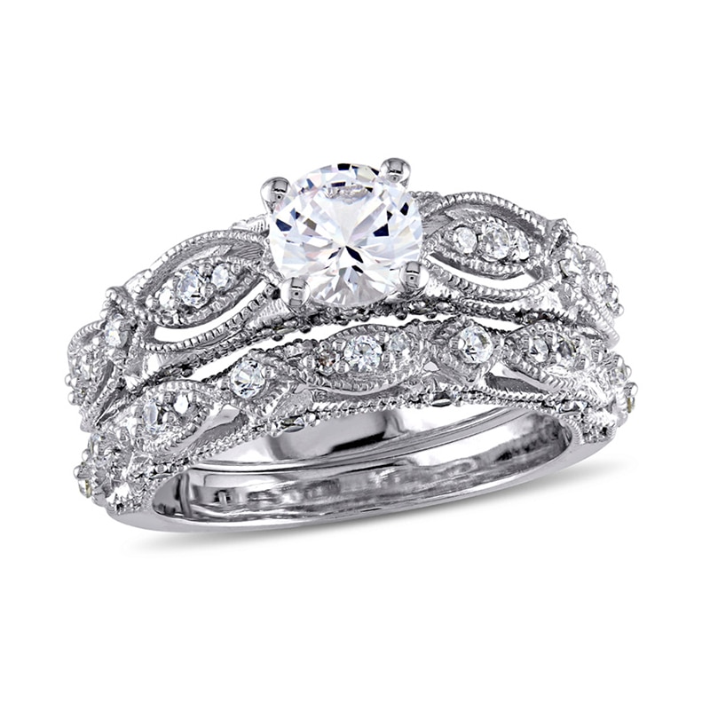 6.0mm Lab-Created White Sapphire and 1/10 CT. T.W. Diamond Vintage-Style Bridal Set in 10K White Gold