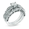 Thumbnail Image 1 of 6.0mm Lab-Created White Sapphire and 1/10 CT. T.W. Diamond Vintage-Style Bridal Set in 10K White Gold
