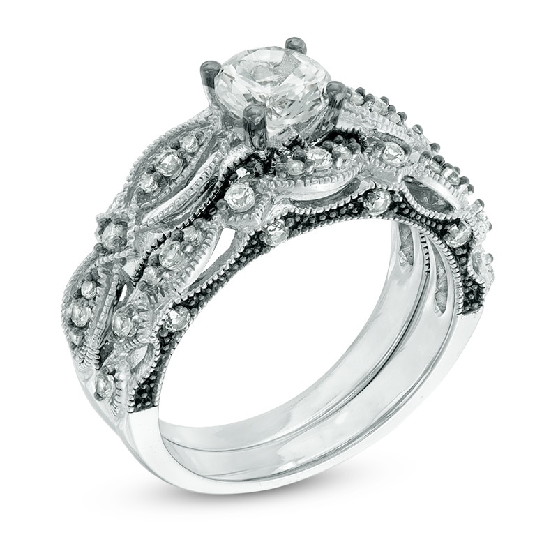 6.0mm Lab-Created White Sapphire and 1/10 CT. T.W. Diamond Vintage-Style Bridal Set in 10K White Gold