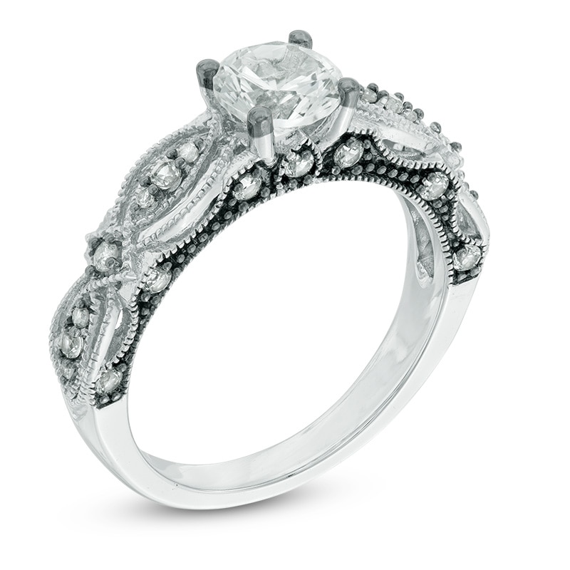 6.0mm Lab-Created White Sapphire and 1/10 CT. T.W. Diamond Vintage-Style Bridal Set in 10K White Gold