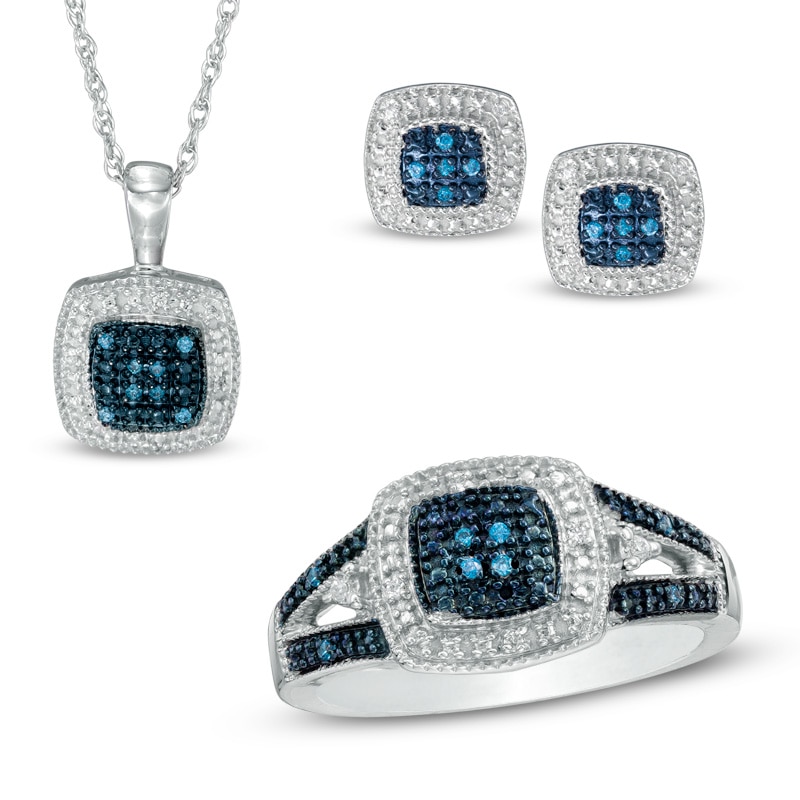 1/8 CT. T.W. Enhanced Blue and White Diamond Frame Pendant, Earrings and Ring Set in Sterling Silver - Size 7