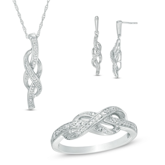 1/6 CT. T.w. Diamond Infinity Pendant, Earrings and Ring Set in Sterling Silver - Size 7