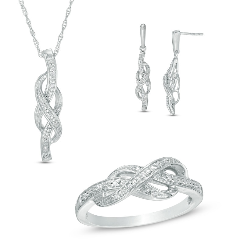 1/6 CT. T.W. Diamond Infinity Pendant, Earrings and Ring Set in Sterling Silver - Size 7