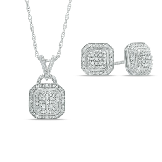1/15 CT. T.w. Diamond Octagonal Frame Pendant and Stud Earrings Set in Sterling Silver