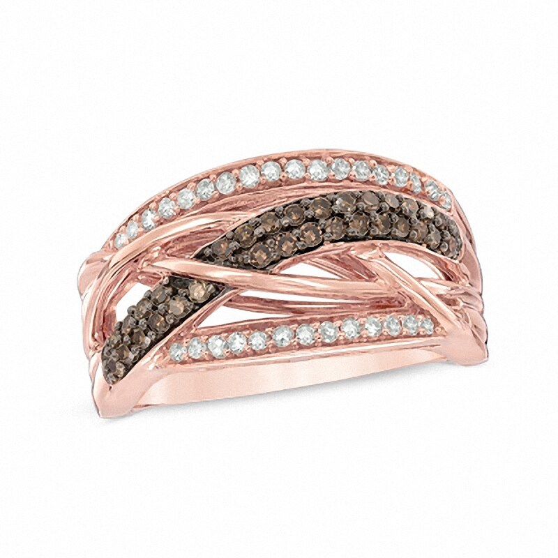 Main Image 1 of 1/2 CT. T.W. Champagne and White Diamond Woven Ring in 10K Rose Gold