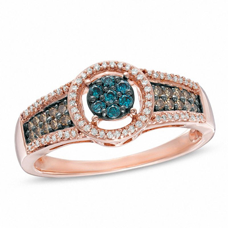 1/3 CT. T.W. Enhanced Blue, Champagne and White Composite Diamond Frame Ring in 10K Rose Gold