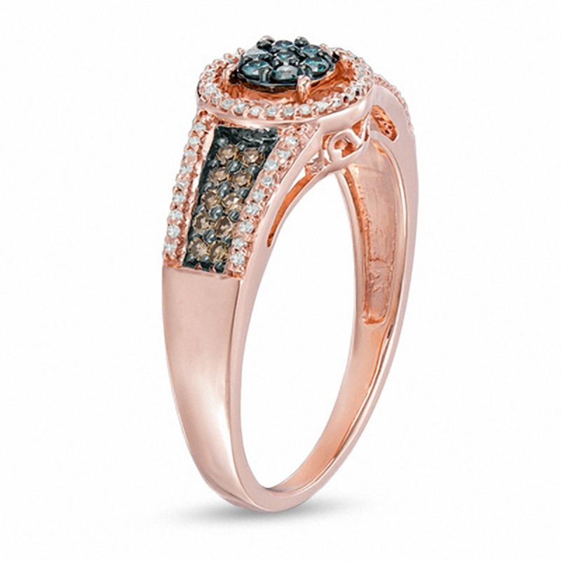 1/3 CT. T.W. Enhanced Blue, Champagne and White Composite Diamond Frame Ring in 10K Rose Gold