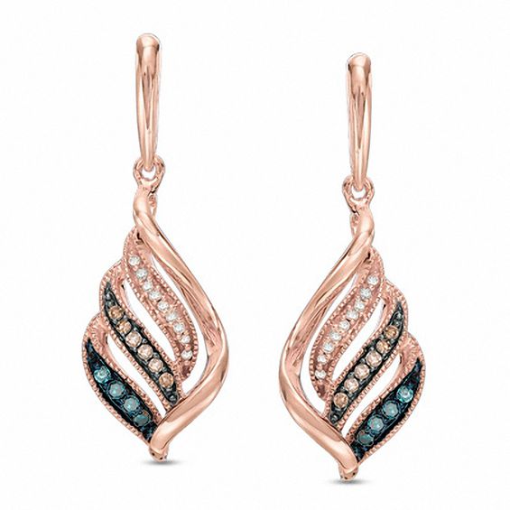 1/6 CT. T.w. Multi-Color Diamond Three Row Twist Drop Earrings in 10K Rose Gold