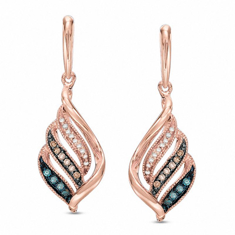 Main Image 1 of 1/6 CT. T.W. Multi-Color Diamond Three Row Twist Drop Earrings in 10K Rose Gold