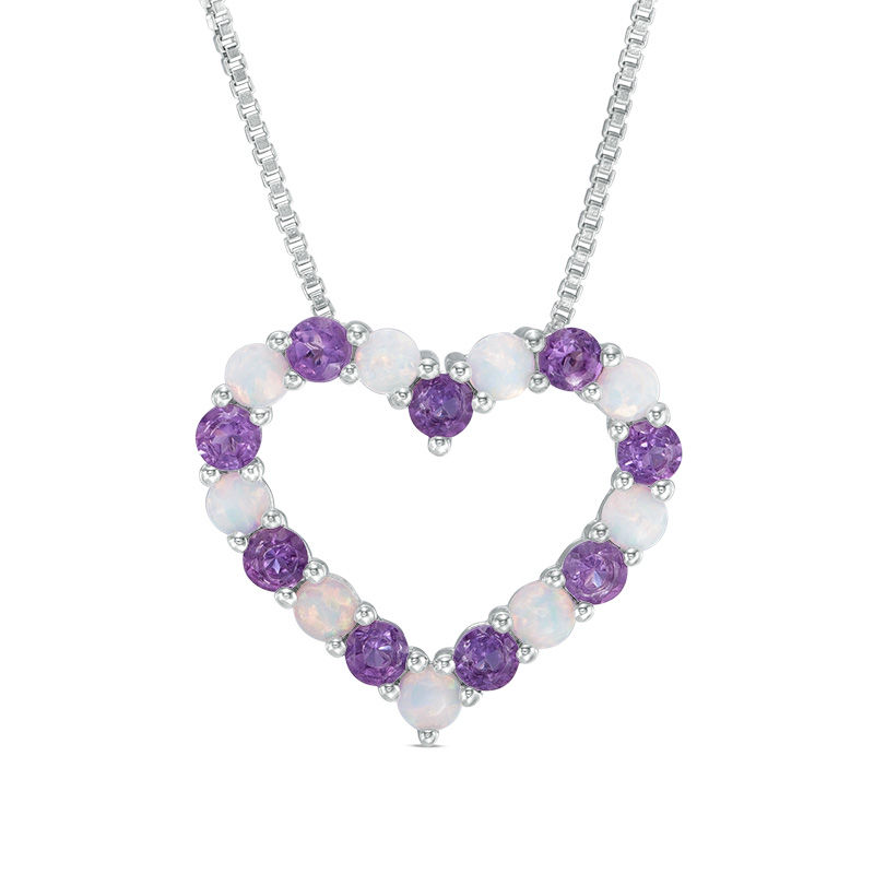 Main Image 1 of Amethyst and Lab-Created Opal Heart Pendant in Sterling Silver