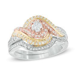 Tri Tone Wedding Rings Zales T W Diamond Swirl Byp Bridal Set In 10k Tri Tone